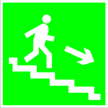 E13 направление к эвакуационному выходу по лестнице вниз (правосторонний) (пленка, 200х200 мм) - Знаки безопасности - Эвакуационные знаки - vektorb.ru